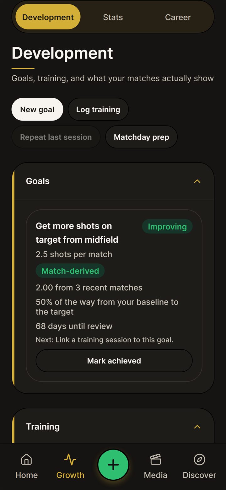 Development screen with a goal marked as improving and its progress from recent matches