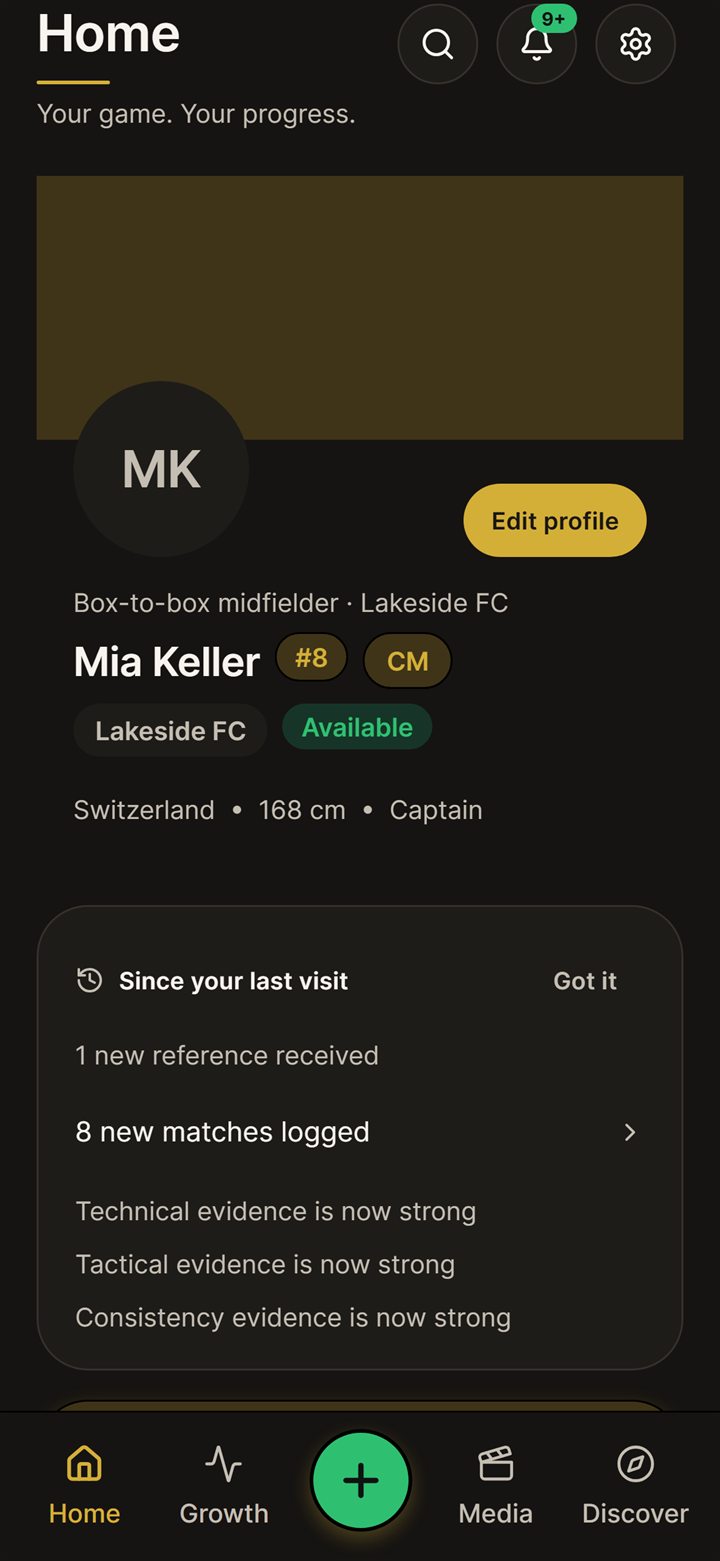 PitchProof home screen showing a player profile with club, position and recent progress