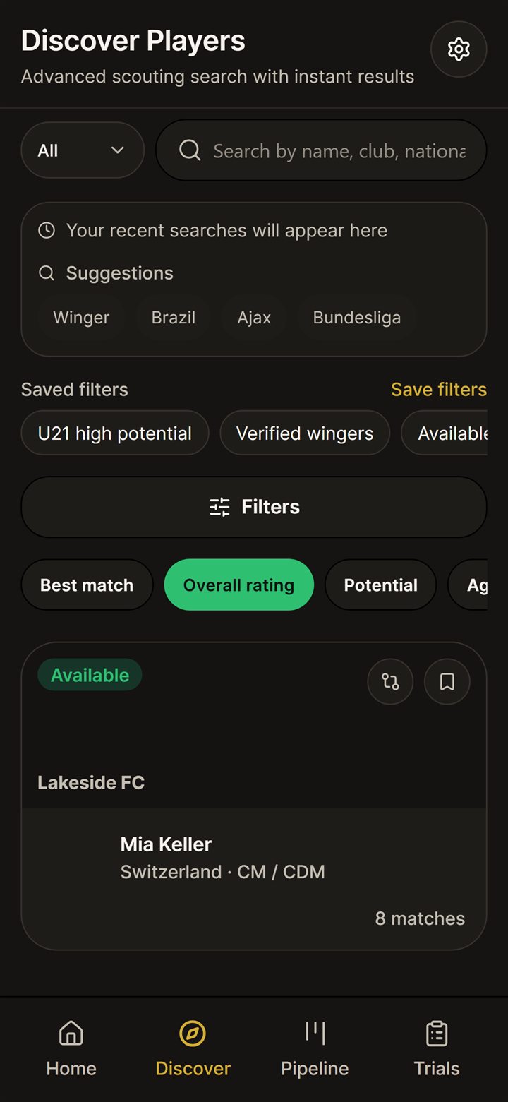 Scout view of the Discover Players search with a player card