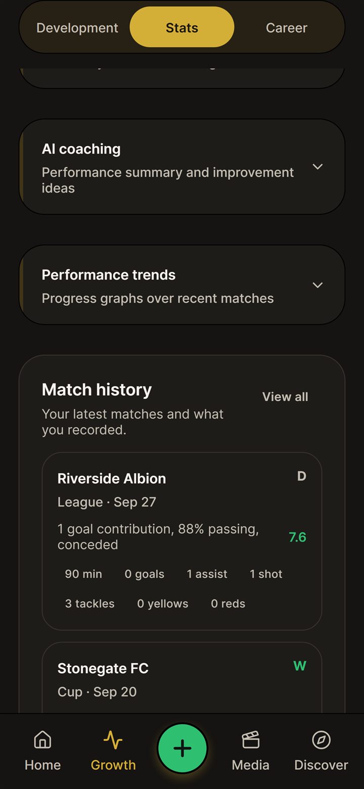 Match history listing recent matches with minutes, goals, assists and rating